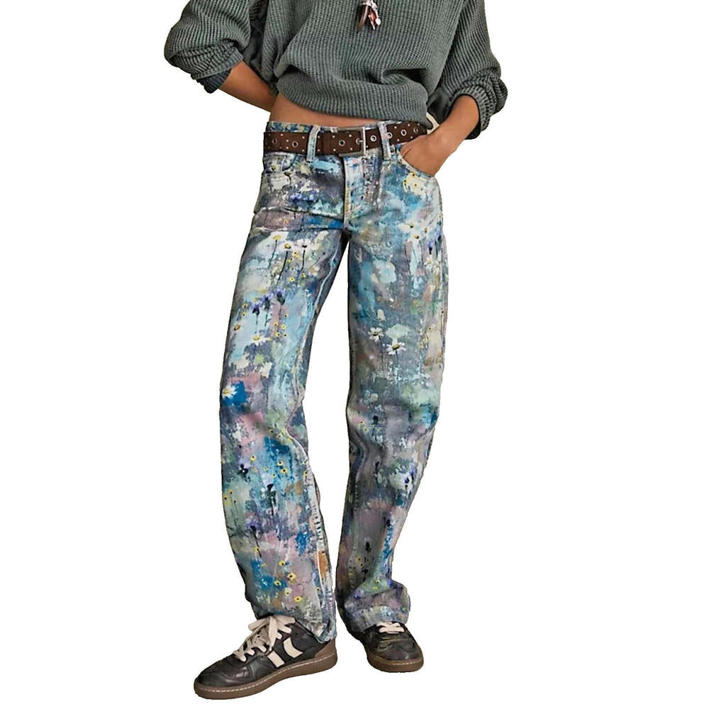$198 FREE PEOPLE Tennessee Low-Rise Illusions Jeans in Floral Canvas Sz26 #948 - Picture 12 of 12